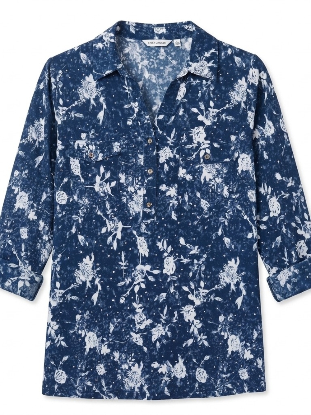 Emily Daniels Shimmer Navy  Split-Neck Blouse Cuff Sleeve Women's Large #248